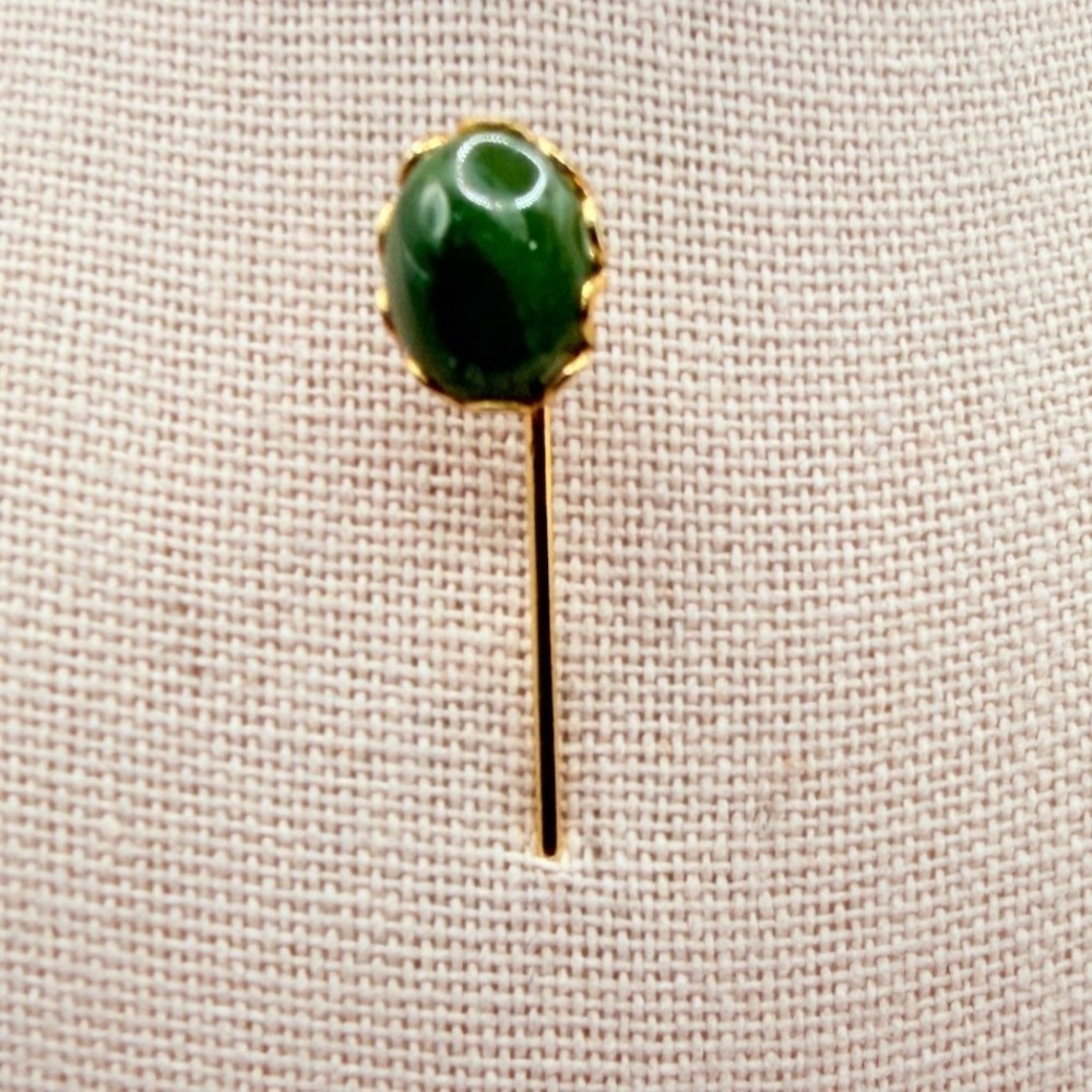 Vintage Green Jadeite Stick Pin Gold Tone Oval Cabochon 2.5 Inch